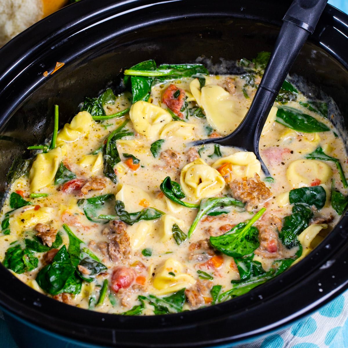 Tortellini and Sausage Soup in a slow cooker.