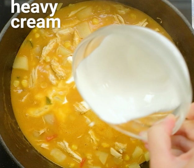 Adding heavy cream.
