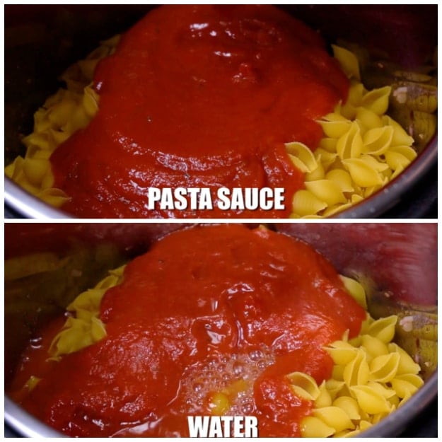 Adding spaghetti sauce and water.