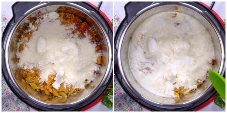 Adding Parmesan cheese and heavy cream.