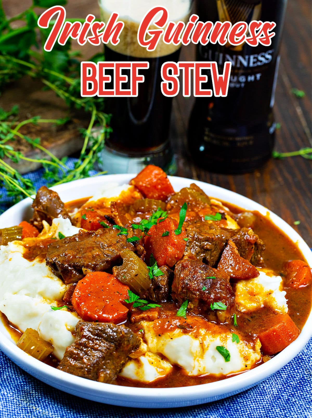 Beef Stew on a plate over mashed potatoes.