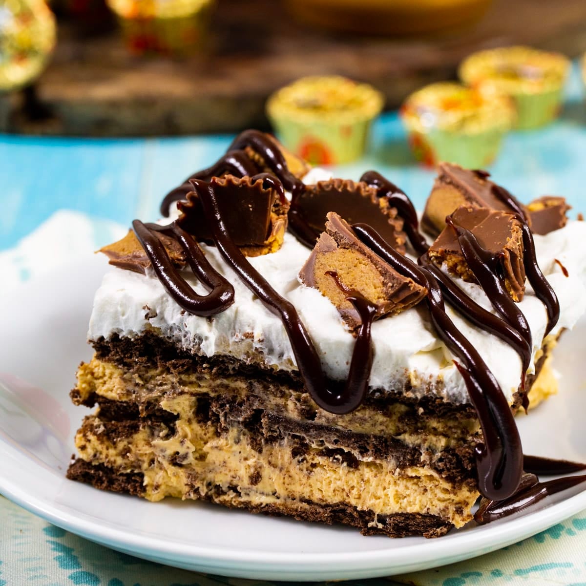 Piece of No-Bake Chocolate Peanut Butter Icebox Cake on a plate.