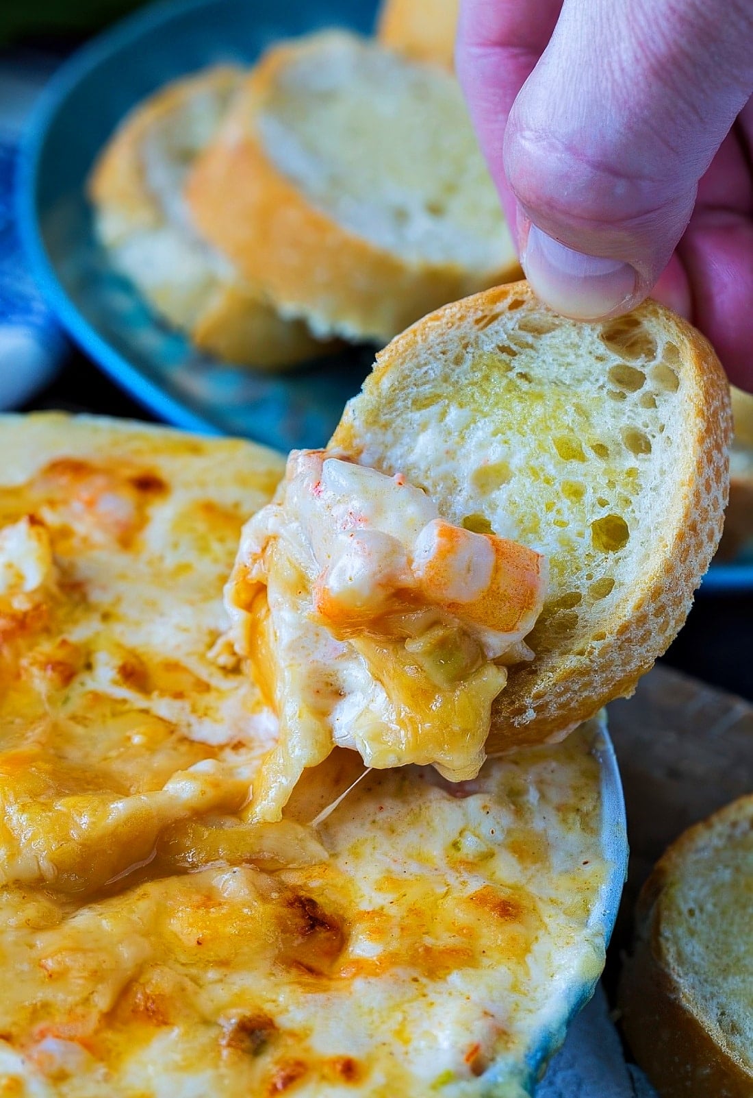Piece of toasted baguette scooping up shrimp dip.
