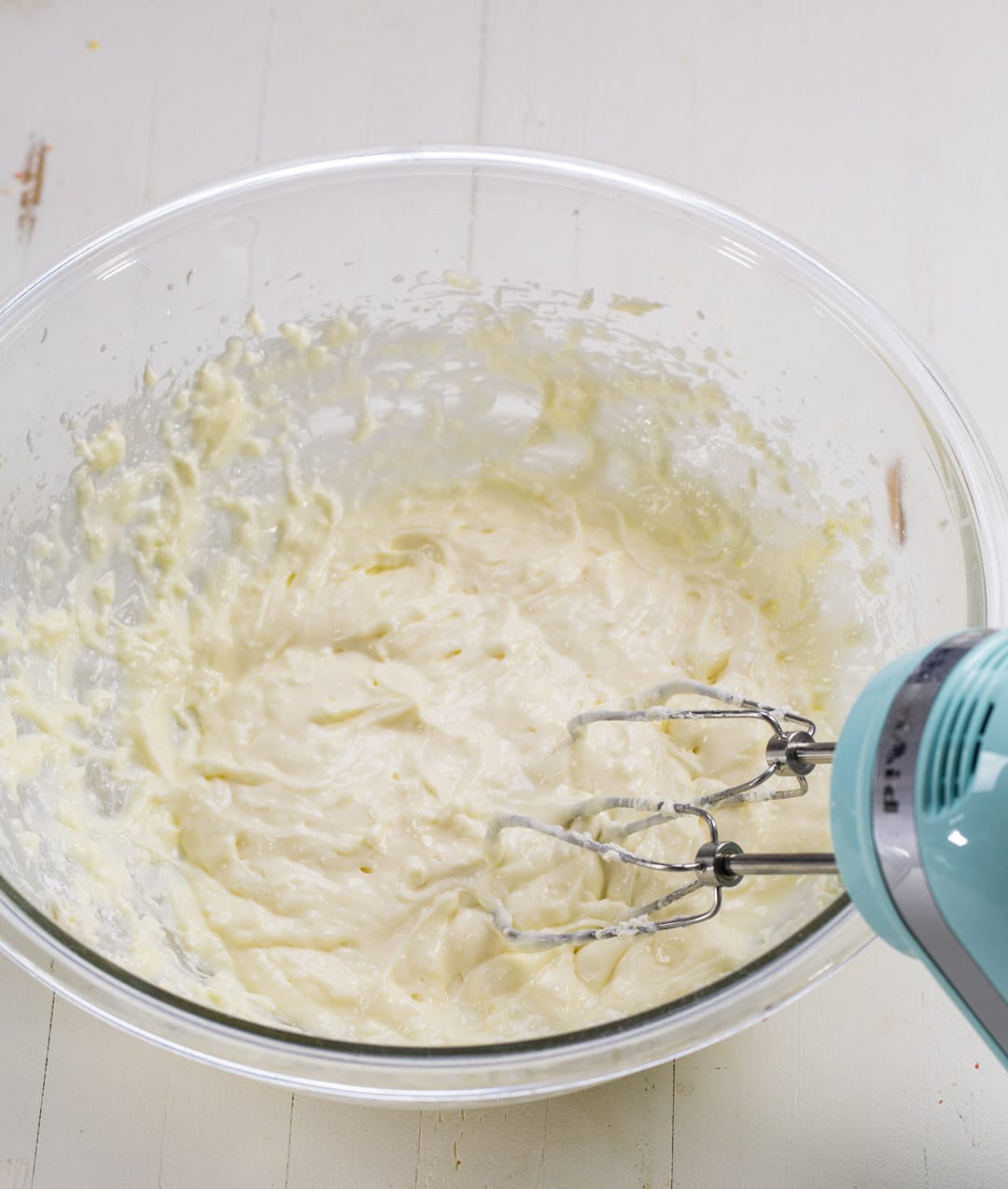 Cream cheese mixture in mixing bowl.