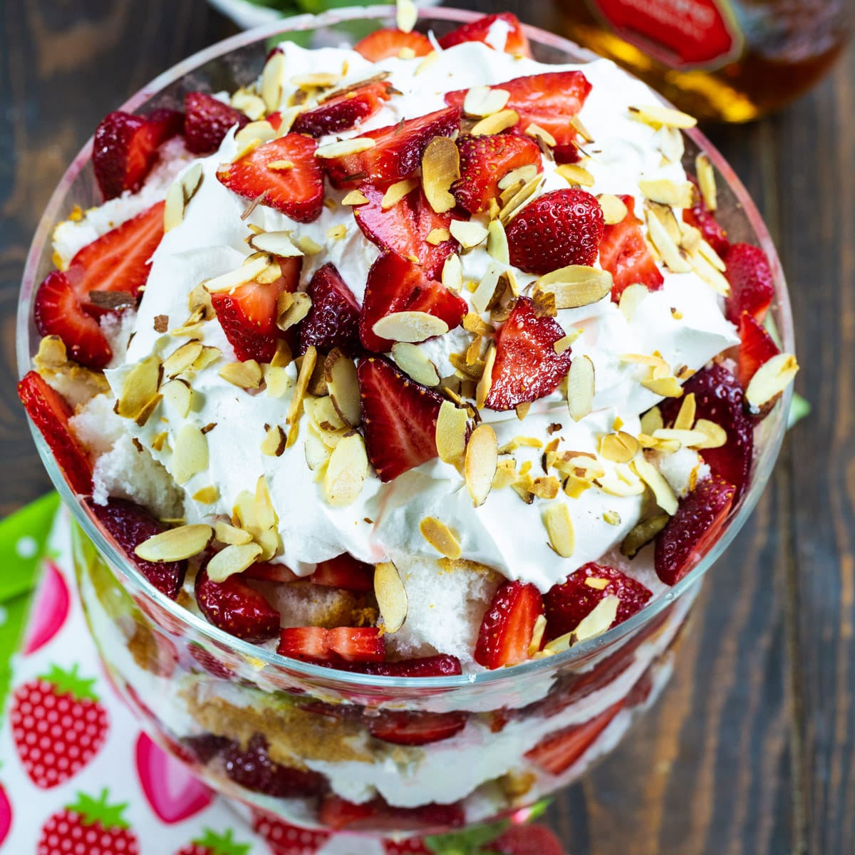 Strawberry Amaretto Trifle topped with slivered almonds.