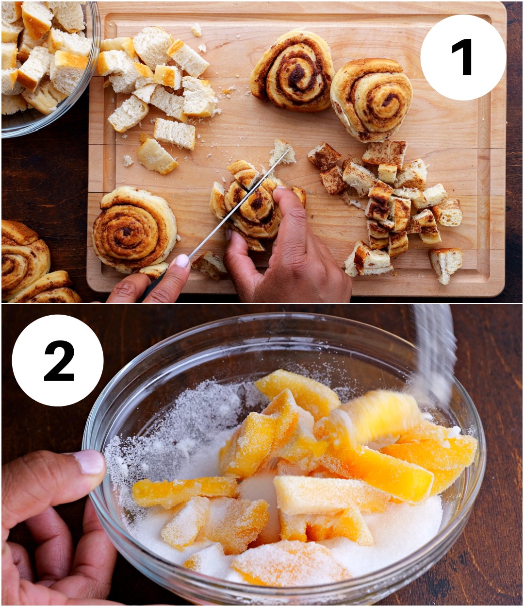 Collage showing cutting cinnamon rolls in pieces and stirring peaches with sugar.