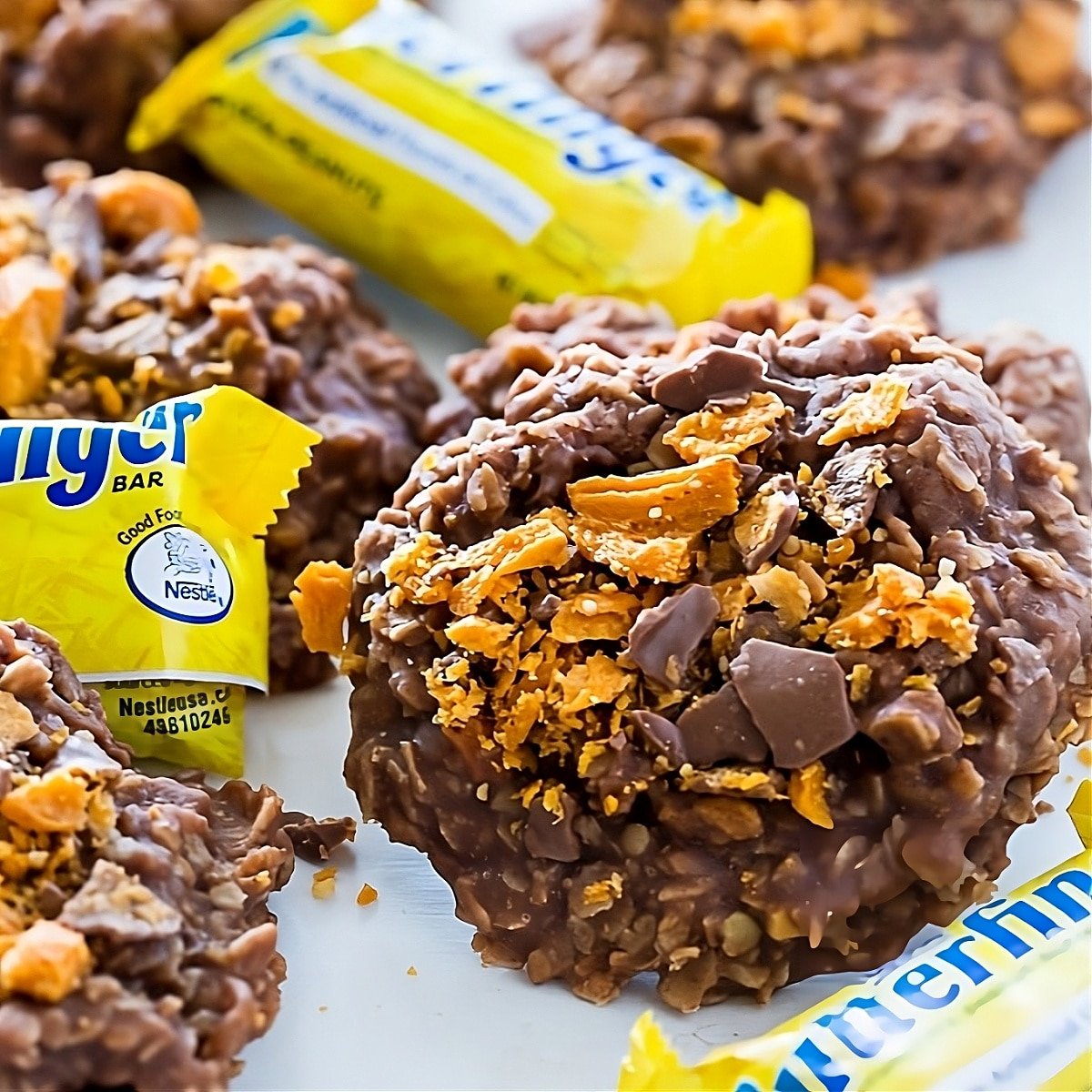 No-Bake Butterfinger Oatmeal Cookies with butterfinger candy bars.