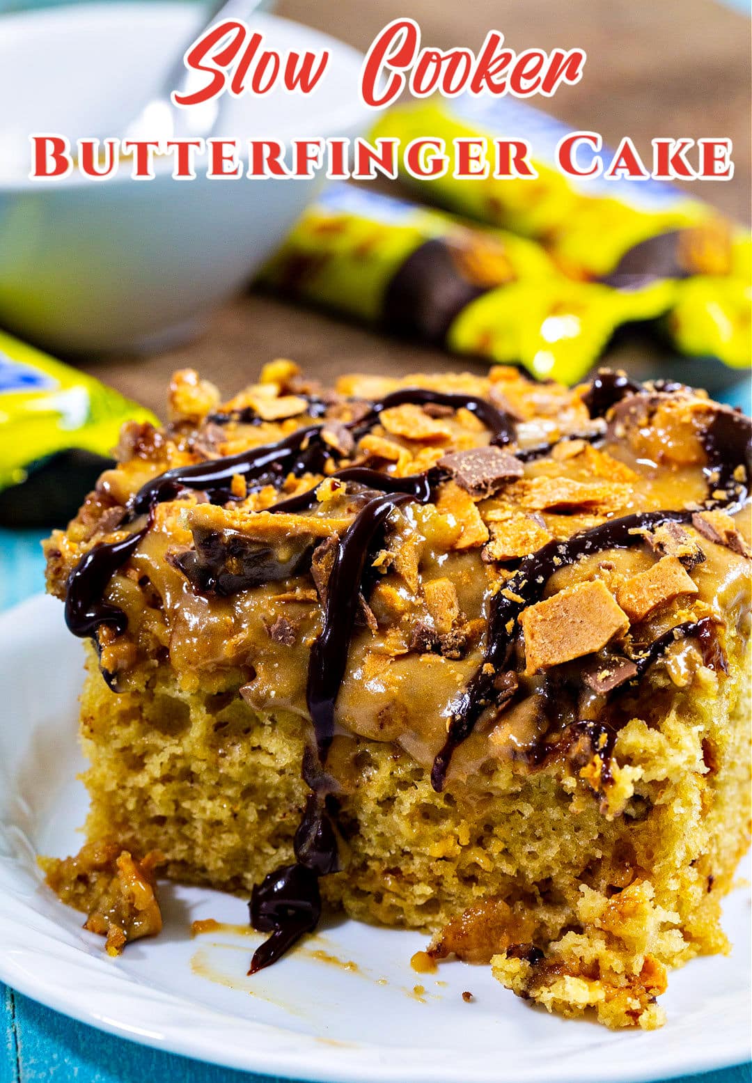 Square of Slow Cooker Butterfinger Cake on plate.