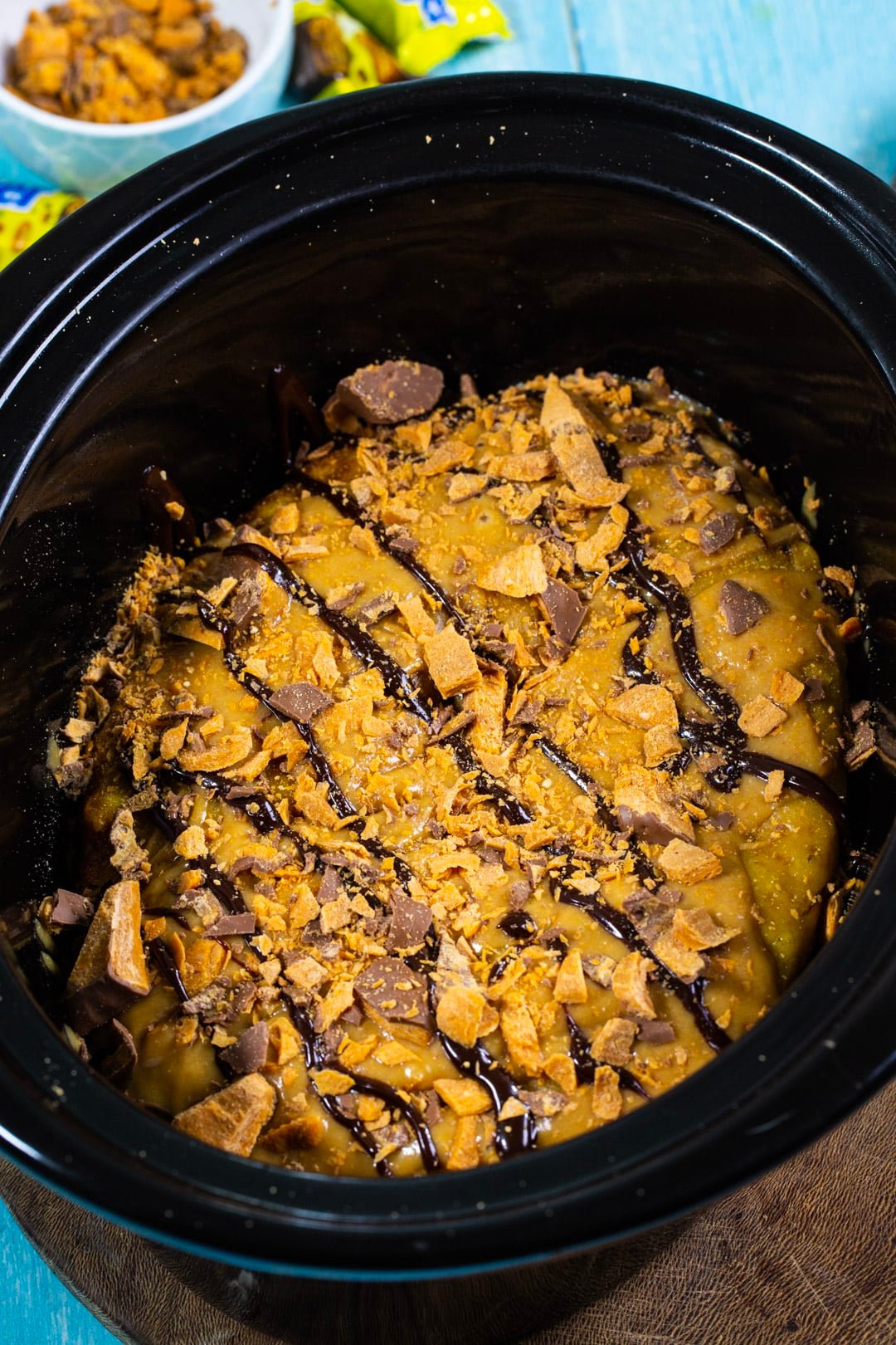Frosted cake in slow cooker.