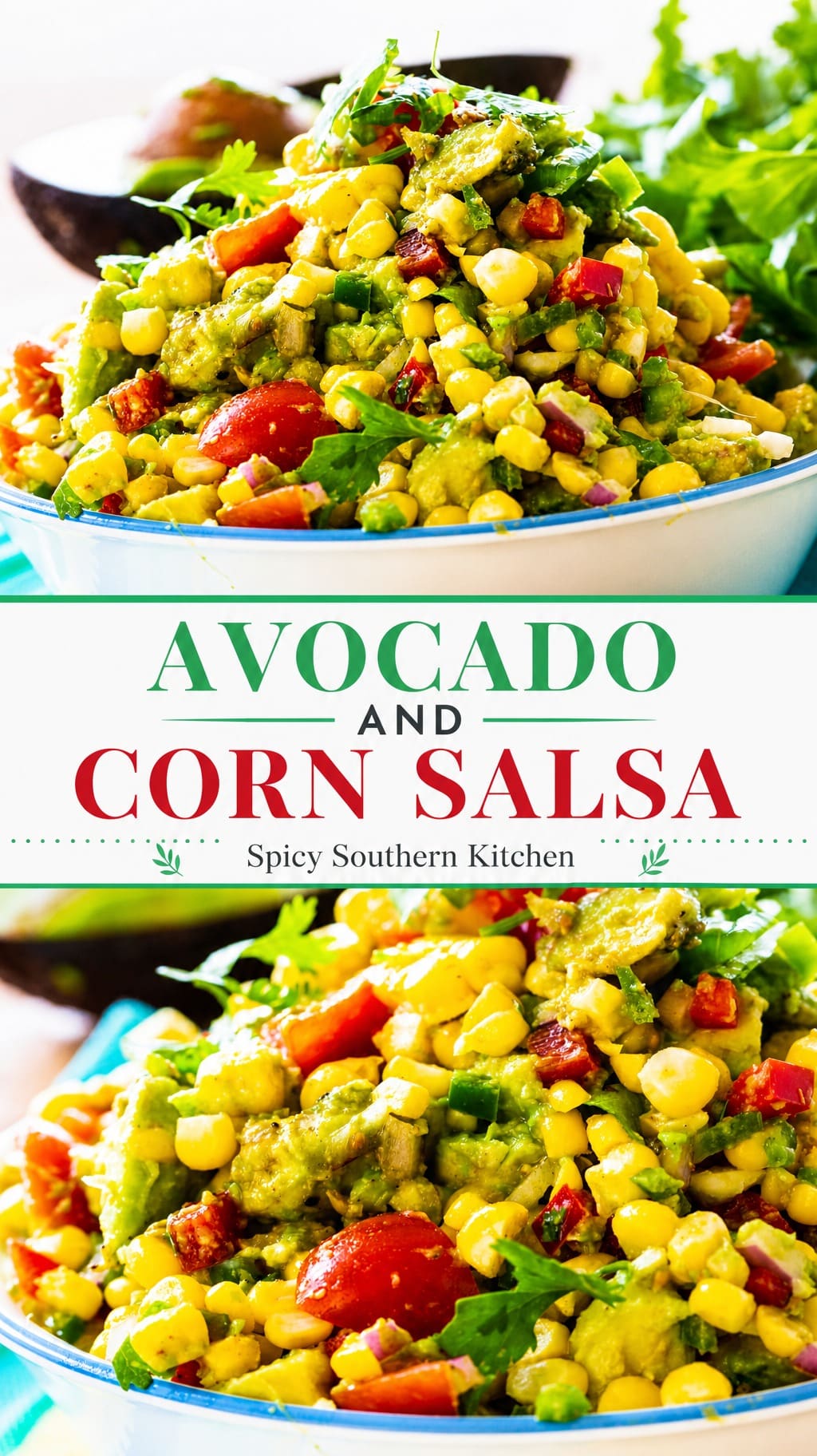 Double image collage of Avocado Corn Salsa in a bowl.