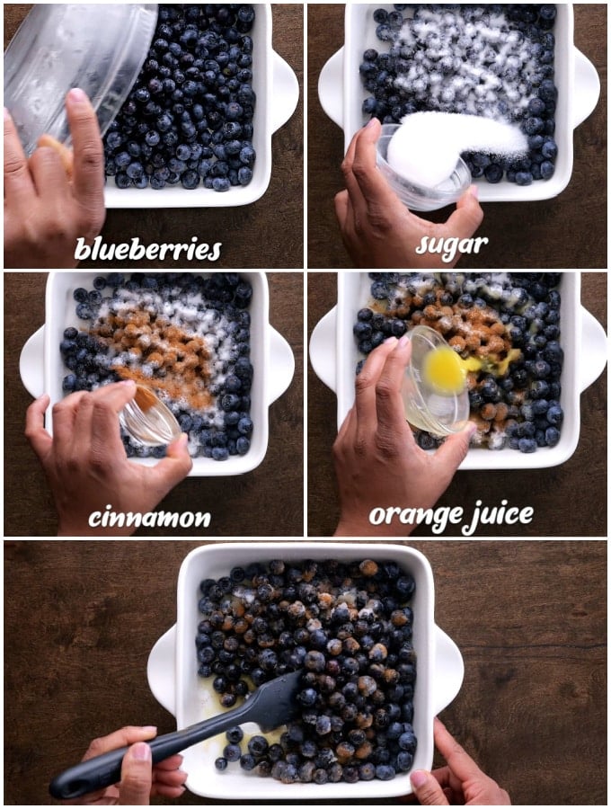 Collage showing blueberries, sugar, cinnamon, and orange juice being added to baking dish.