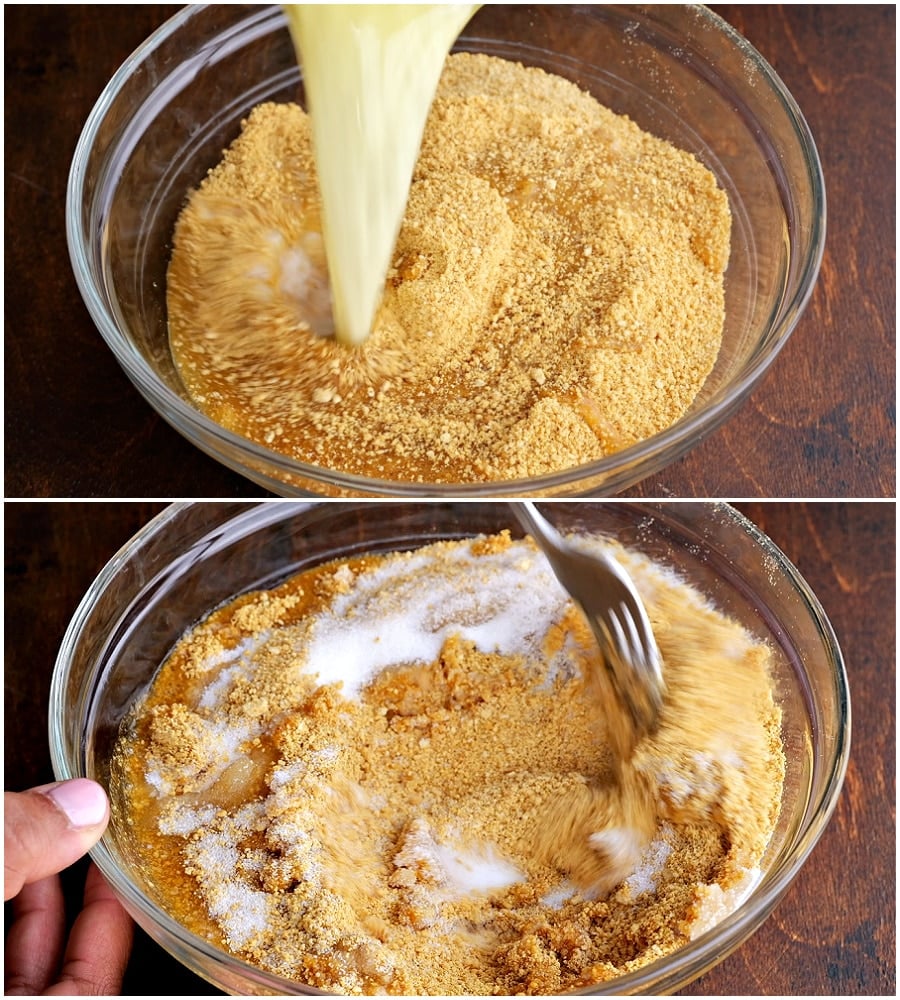 Graham cracker crust being mixed together in bowl.