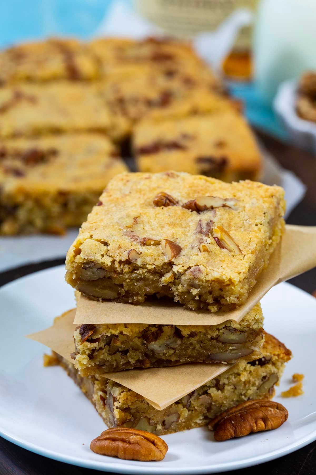 Stack of blondies on a small plate.