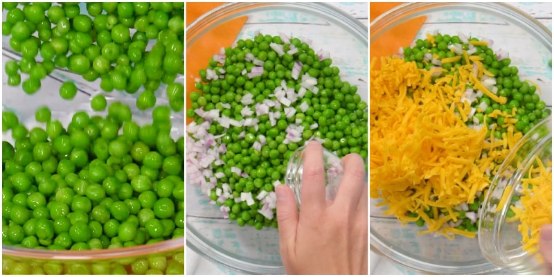 Adding peas, onion, and cheese.