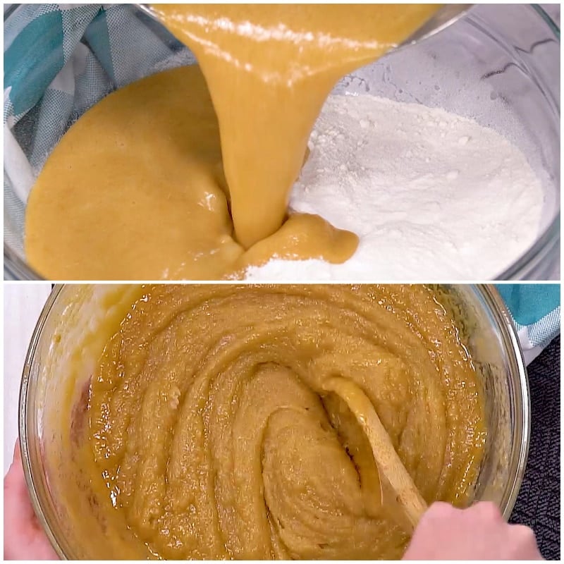 Mixing peanut butter mixture into flour mixture.