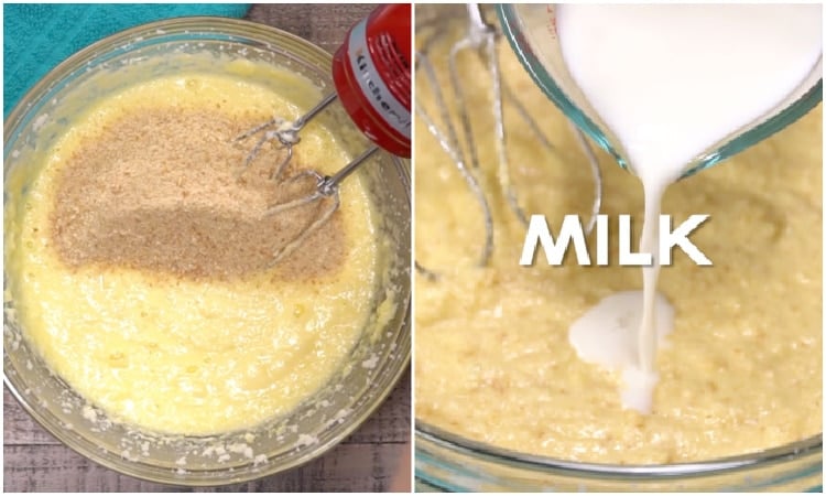 Mixing in wafer crumbs and milk.