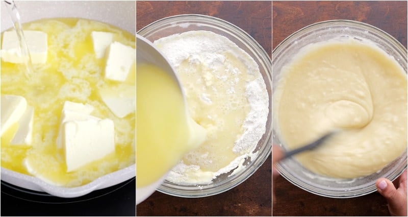 Melting butter mixture and stirring into dry ingredients.