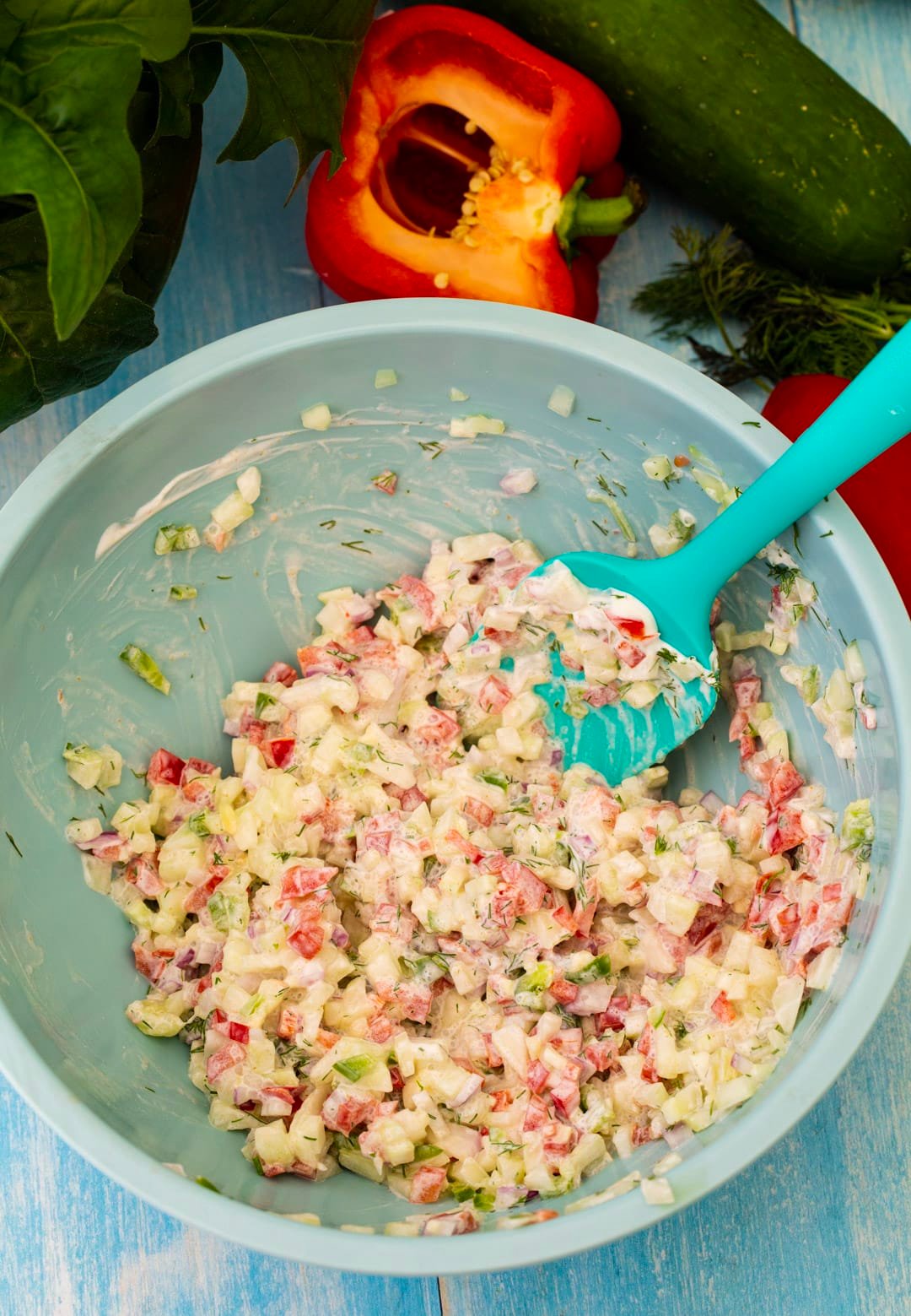 Salsa in a mixing bowl.