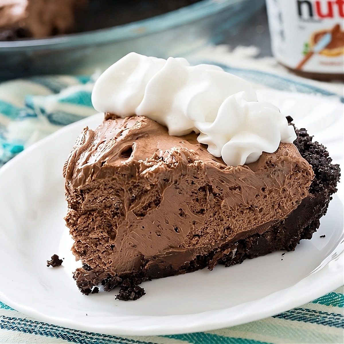 Slice of No-Bake Nutella Pie on a plate.