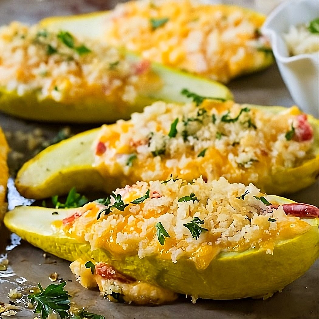 Squash stuffed with pimento cheese on baking sheet.