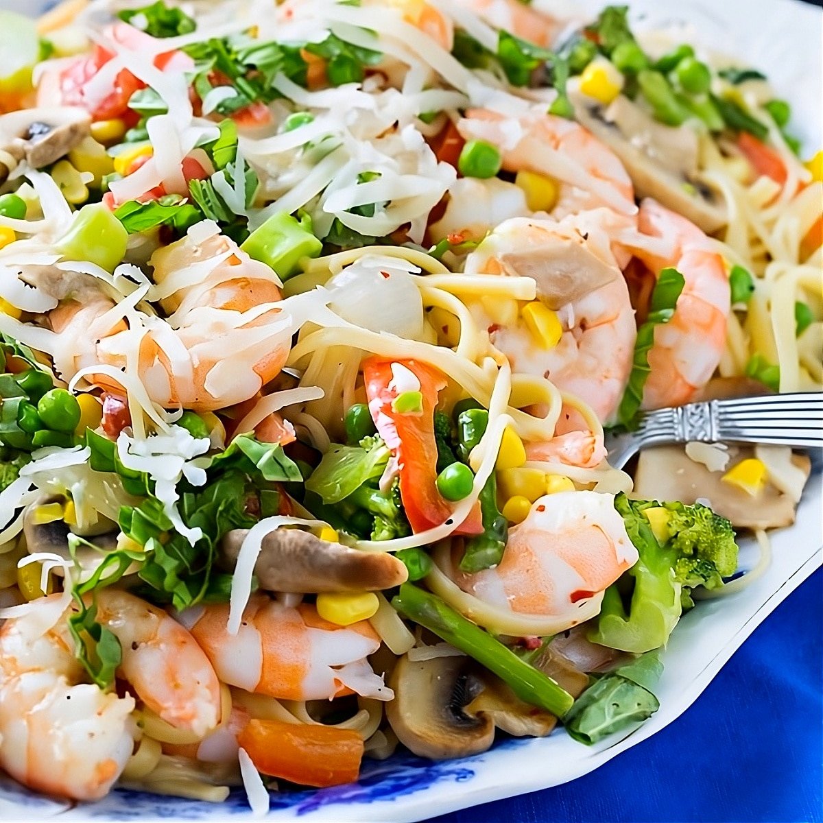 Shrimp Pasta Primavera on a serving platter.