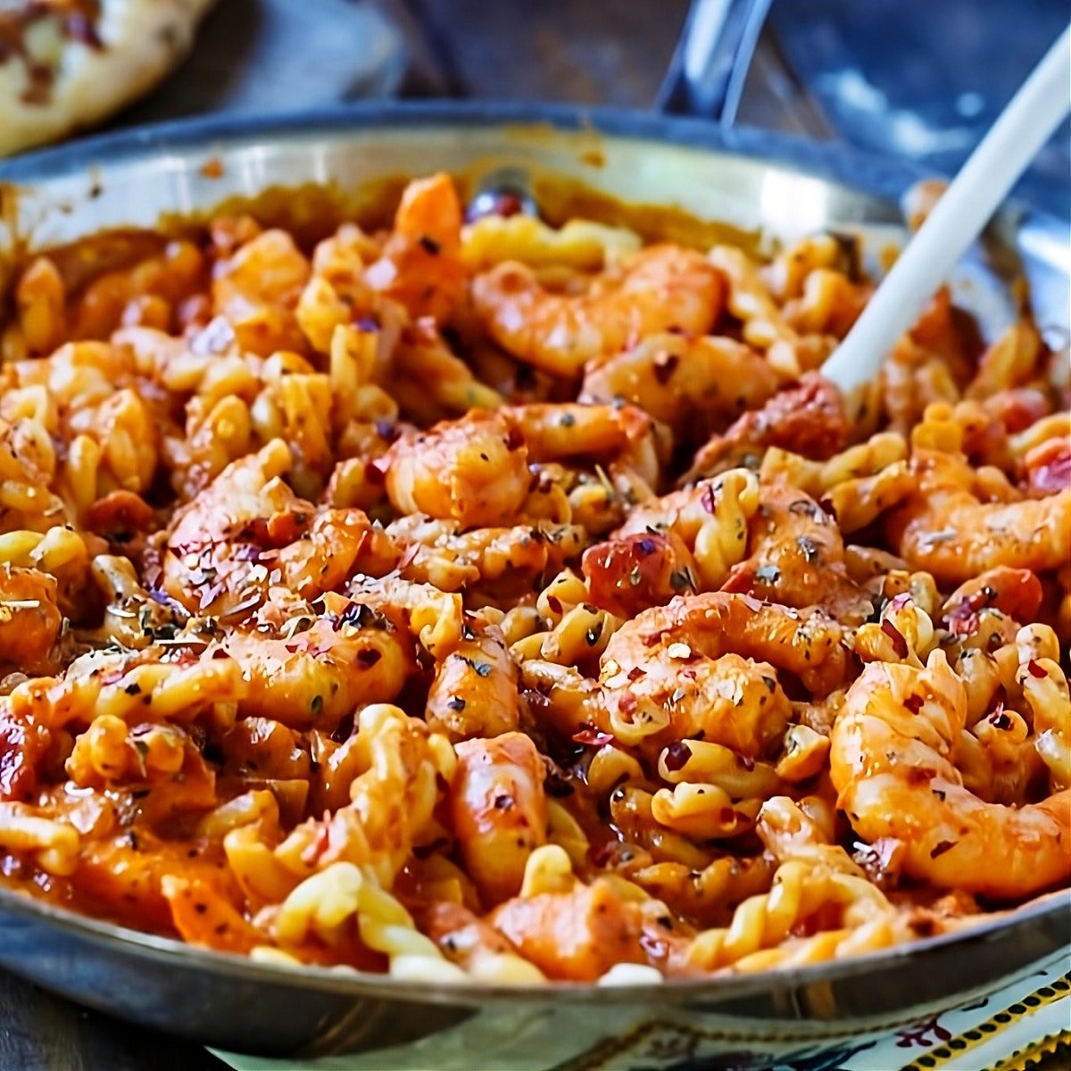 Spicy Shrimp and Tomato Cream Pasta  in a skillet.
