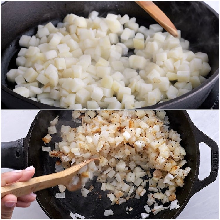 Cooking the potatoes and onion.