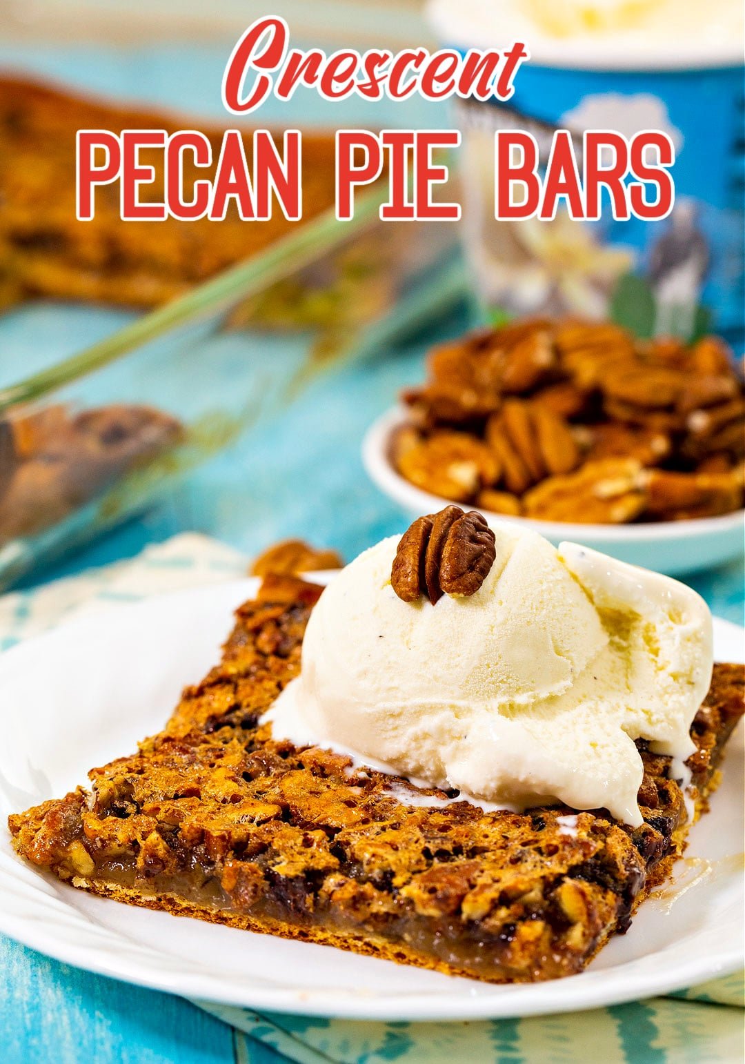 Pecan Pie Bar topped with ice cream.