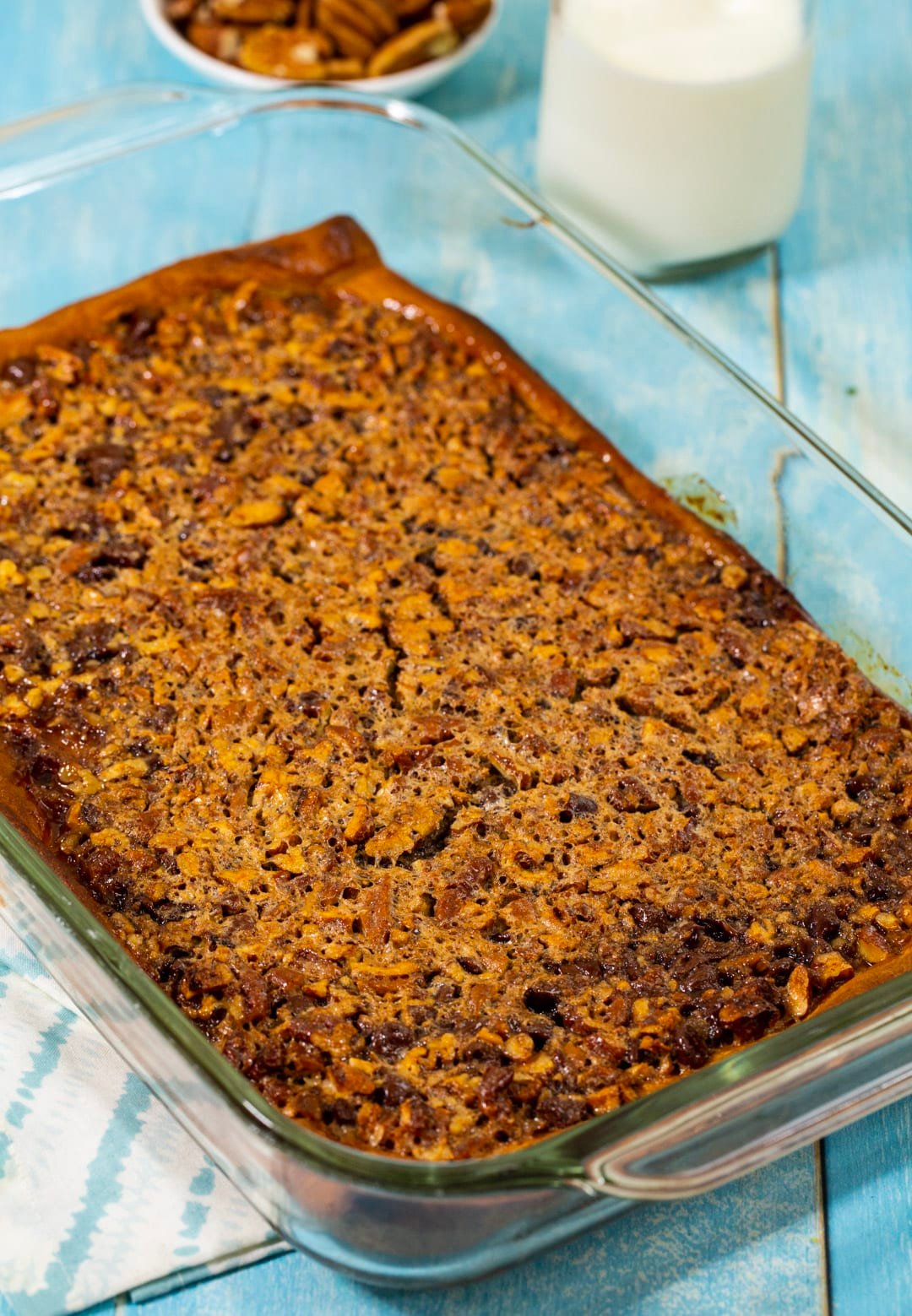 Crescent Pecan Pie Bars in baking dish.