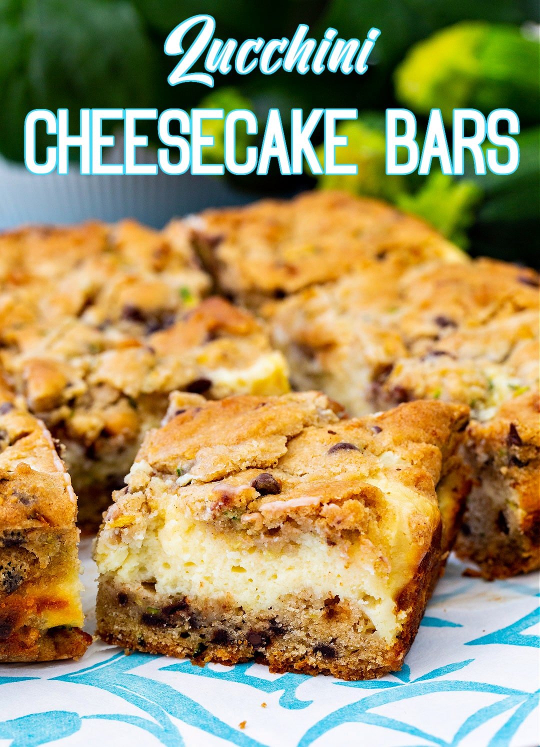 Close-up of a Zucchini Cheesecake Bar.