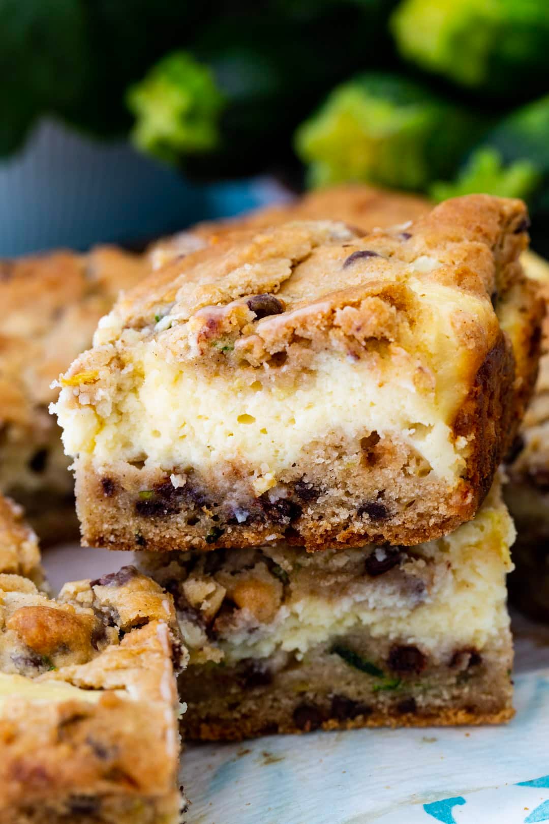 Zucchini Bars stacked on top of each other.