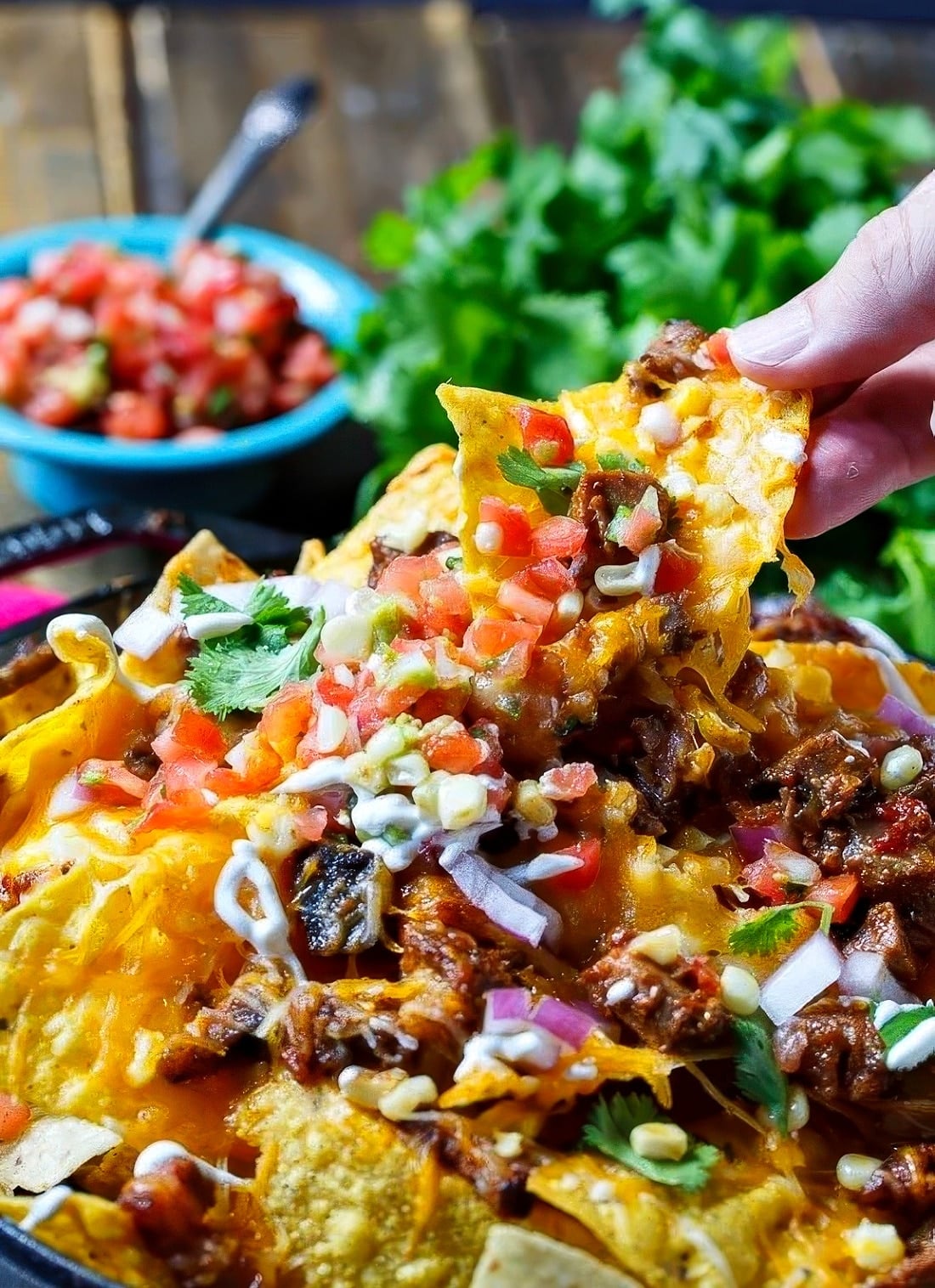 Hand picking up a BBQ Brisket Nacho.