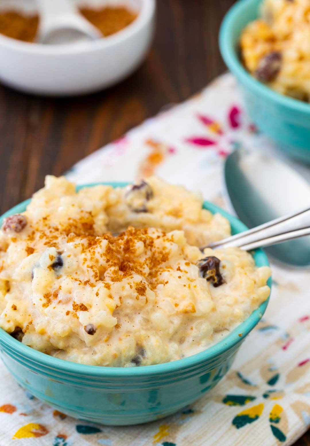 Rice Pudding dished up in serving bowl.