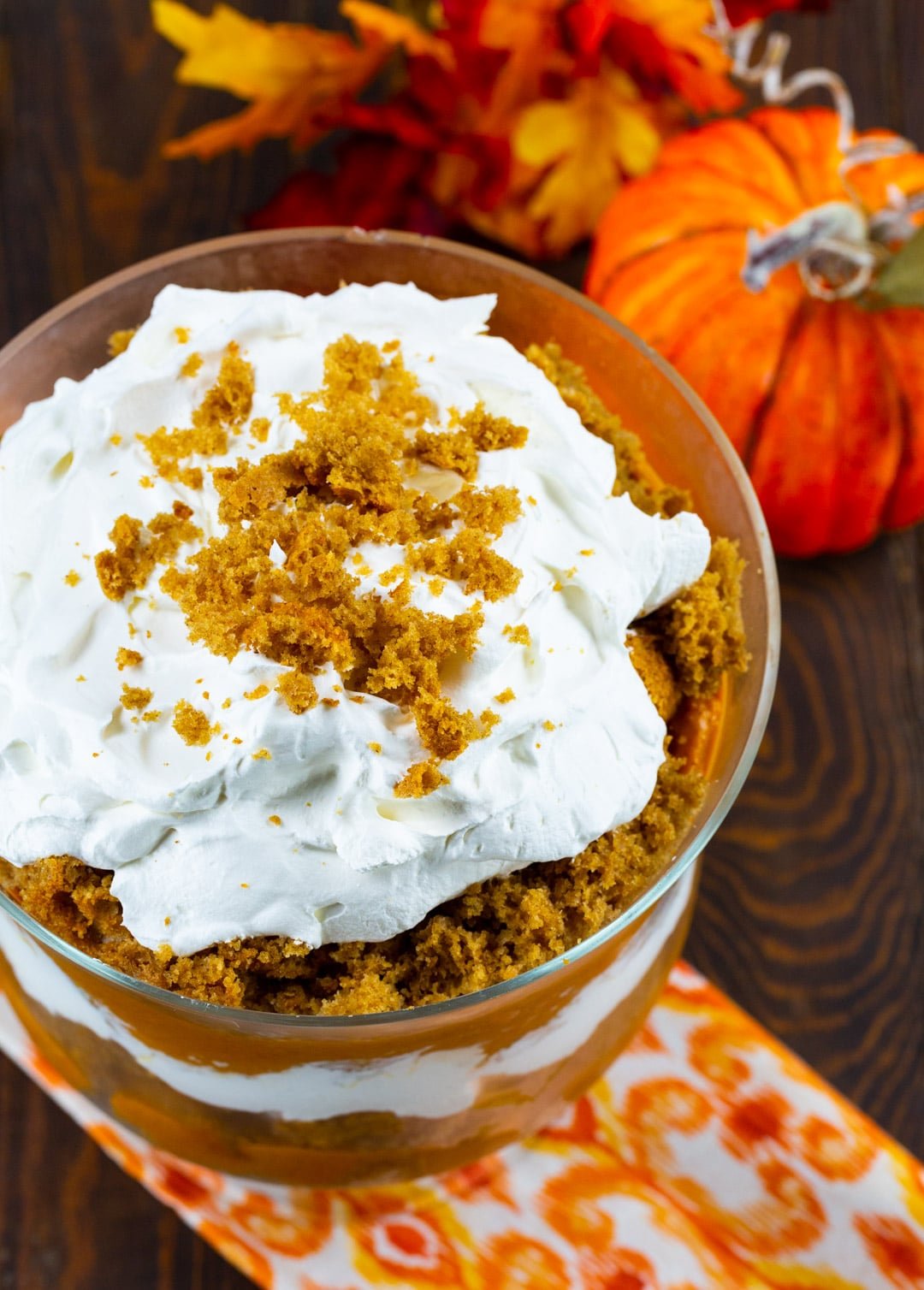 Pumpkin Trifle in a trifle dish.