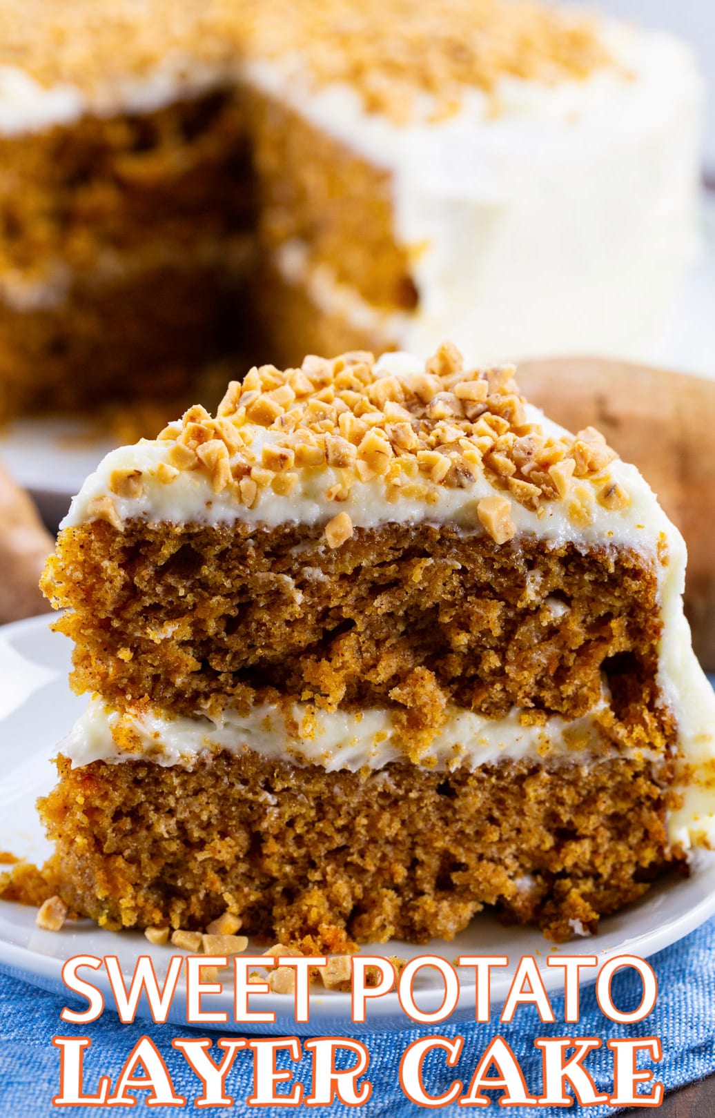 Slice of Sweet Potato Layer Cake on a plate.