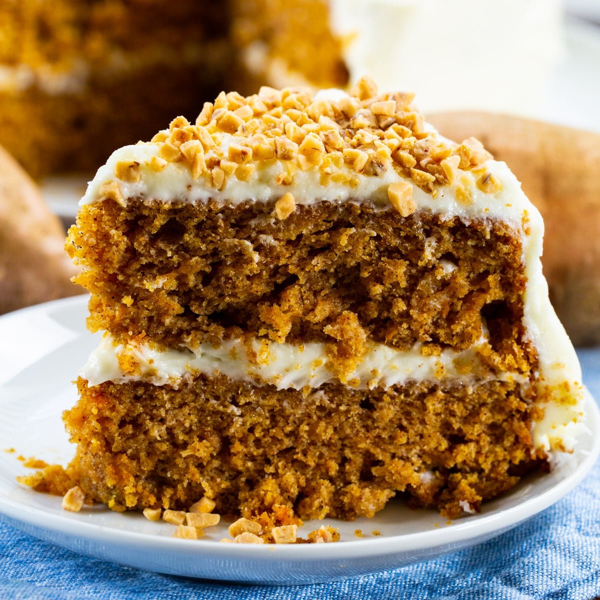 Slice of Sweet Potato Layer Cake on a plate.