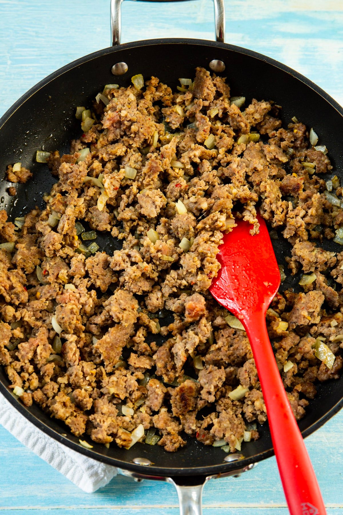 Sausage mixture in a skillet.