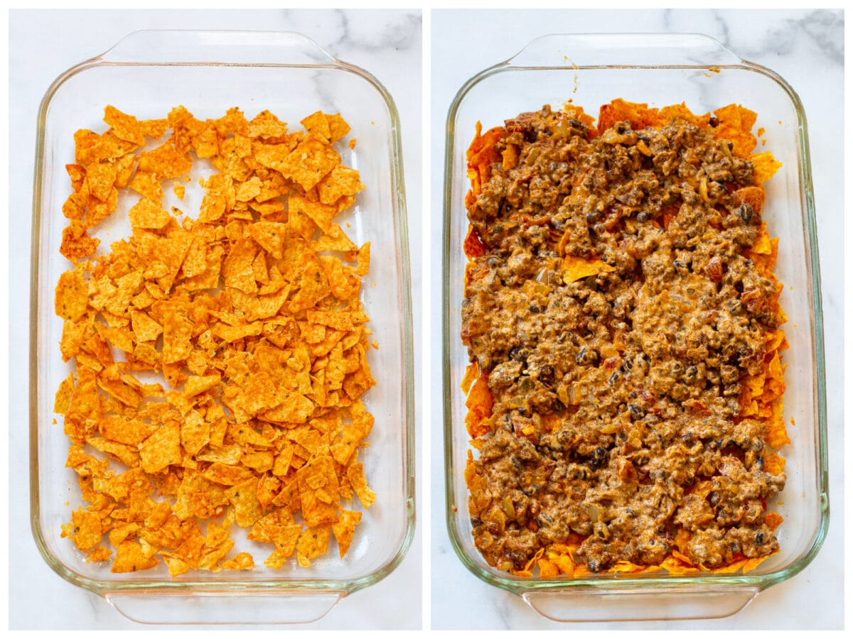 Casserole being layered into baking dish.