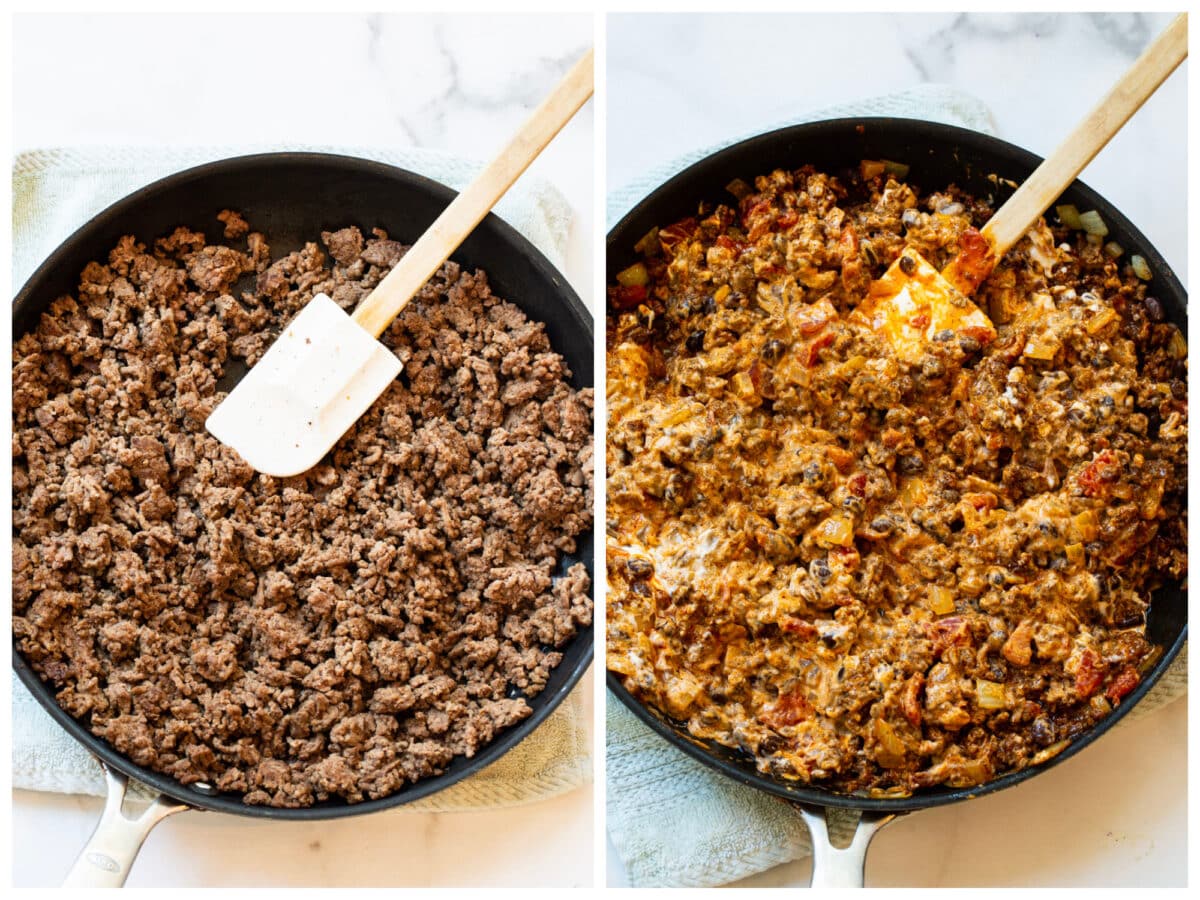 Ground Beef filling in skillet.