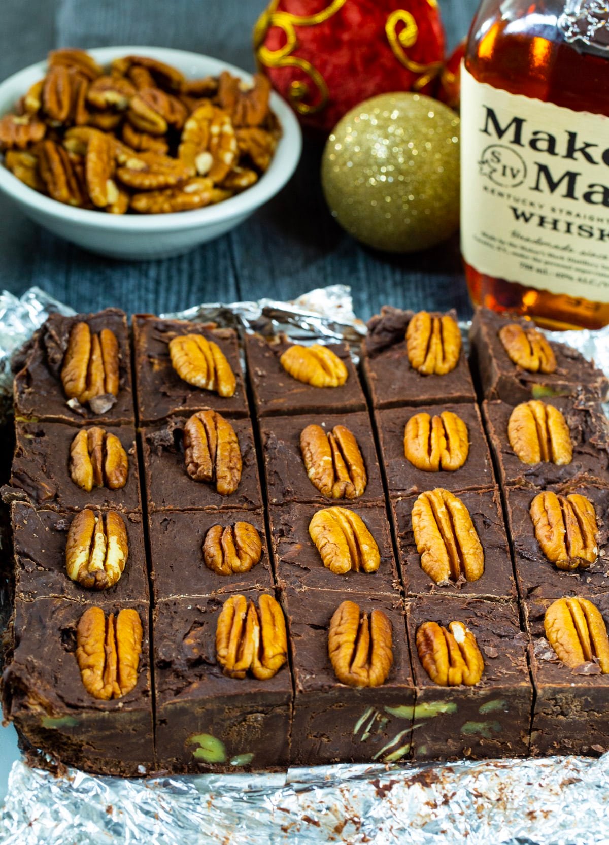 Bourbon Pecan Fudge cut into squares.