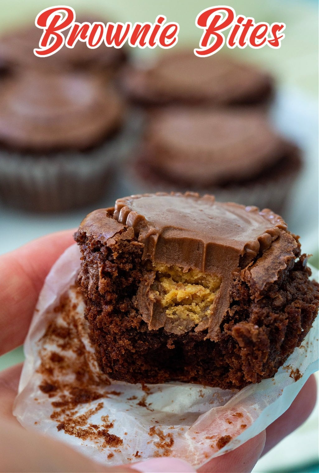 Hand holding a Brownie Bite with a bite eaten out.