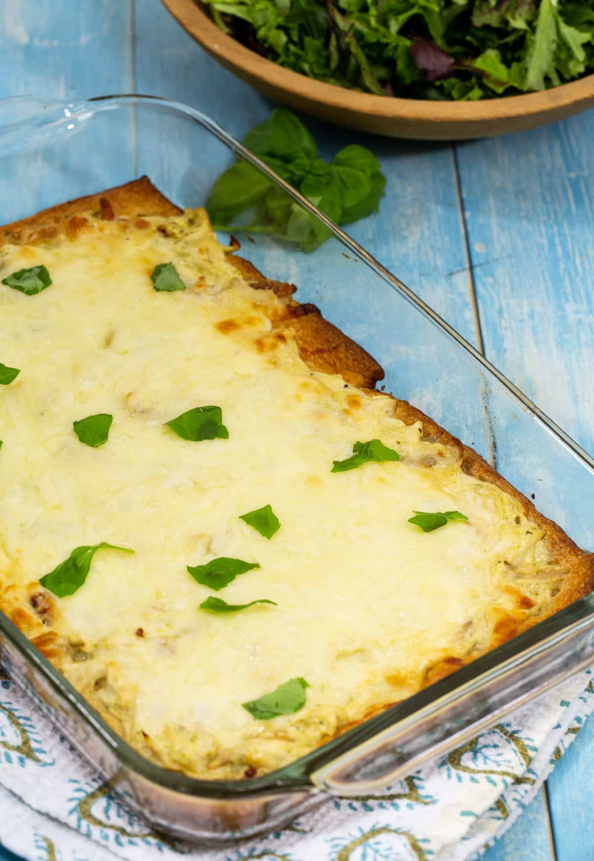 Chicken Alfredo Crescent Bake in a baking pan.