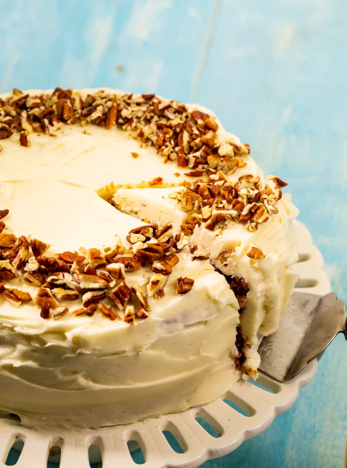 Easy Carrot Cake on a cake stand.