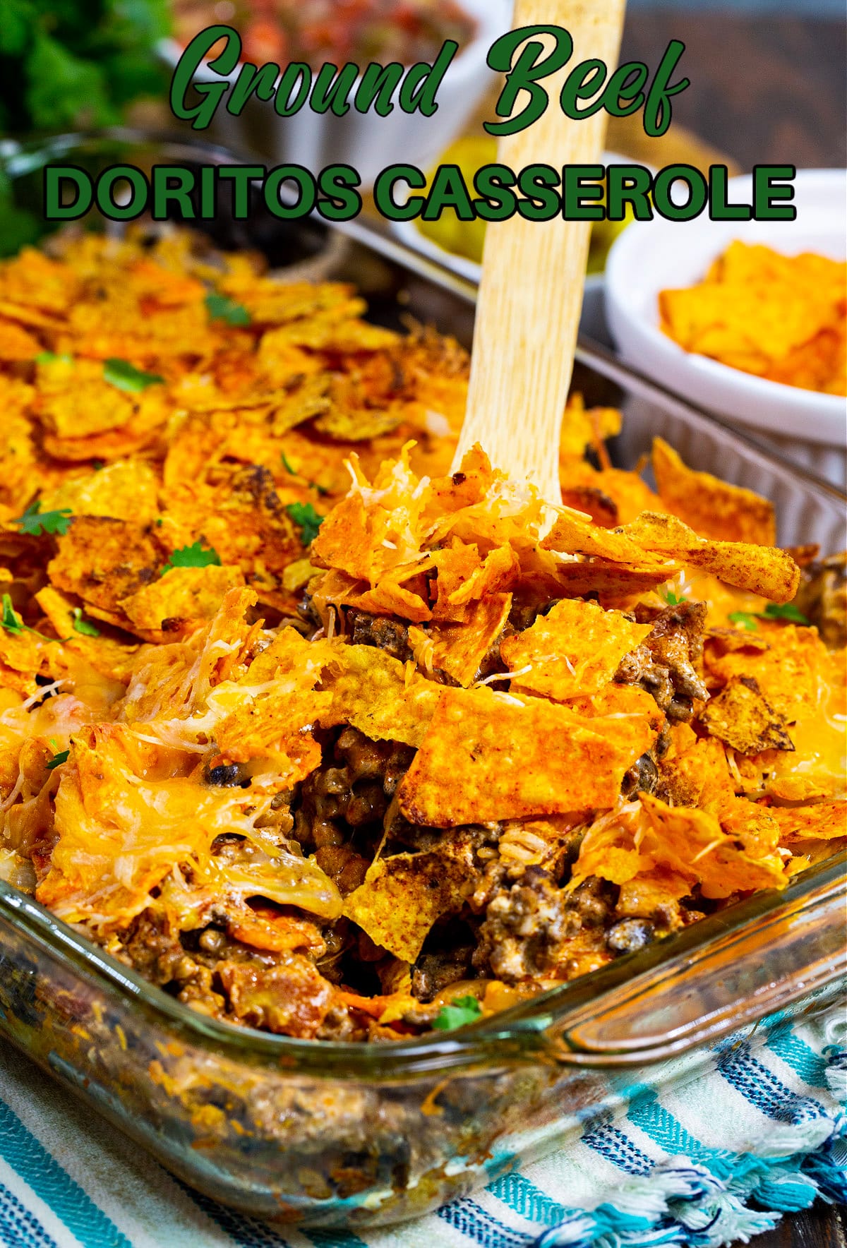 Ground Beef Doritos Casserole in baking dish.