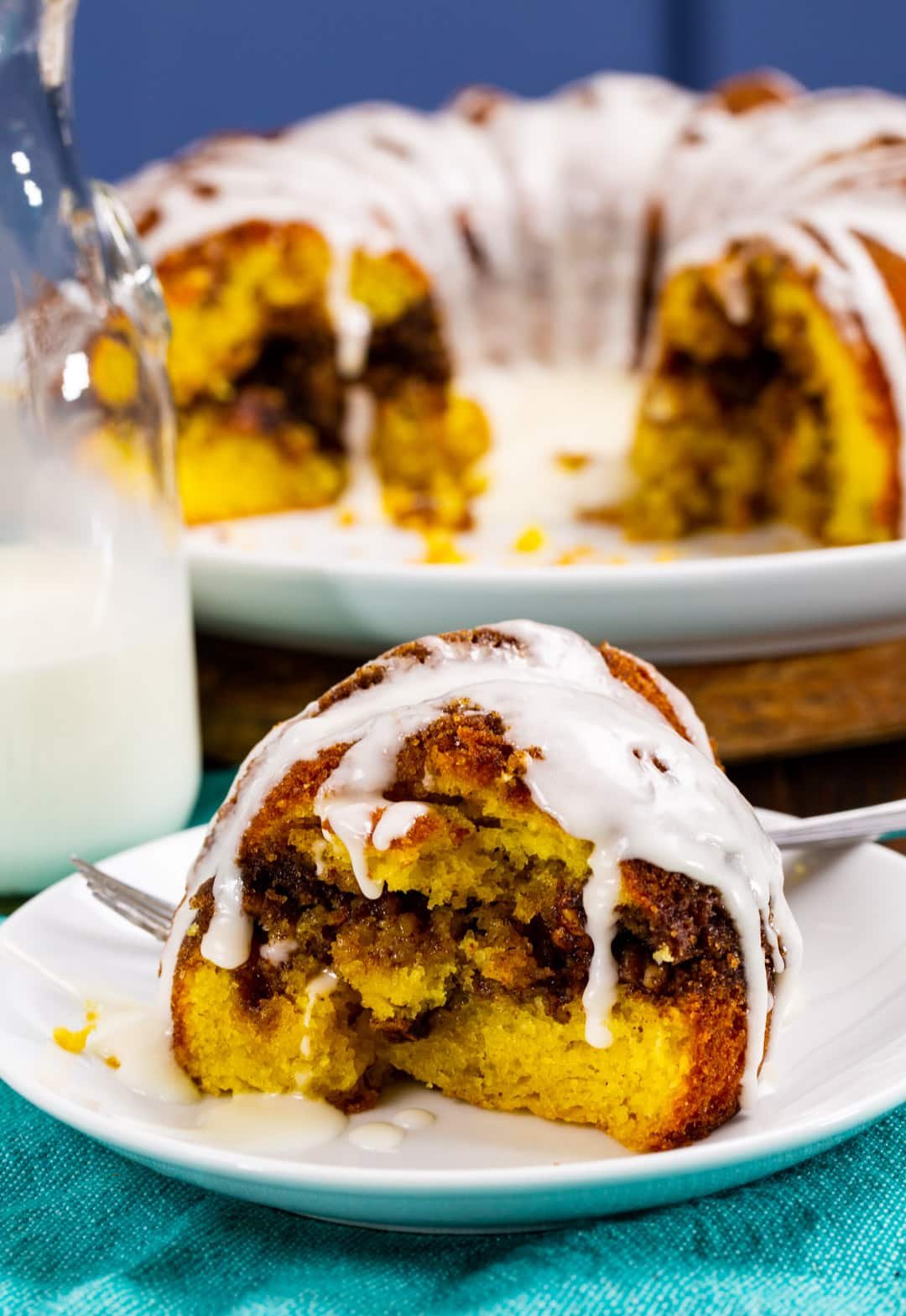 Slice of Honey Bun Bundt Cake.