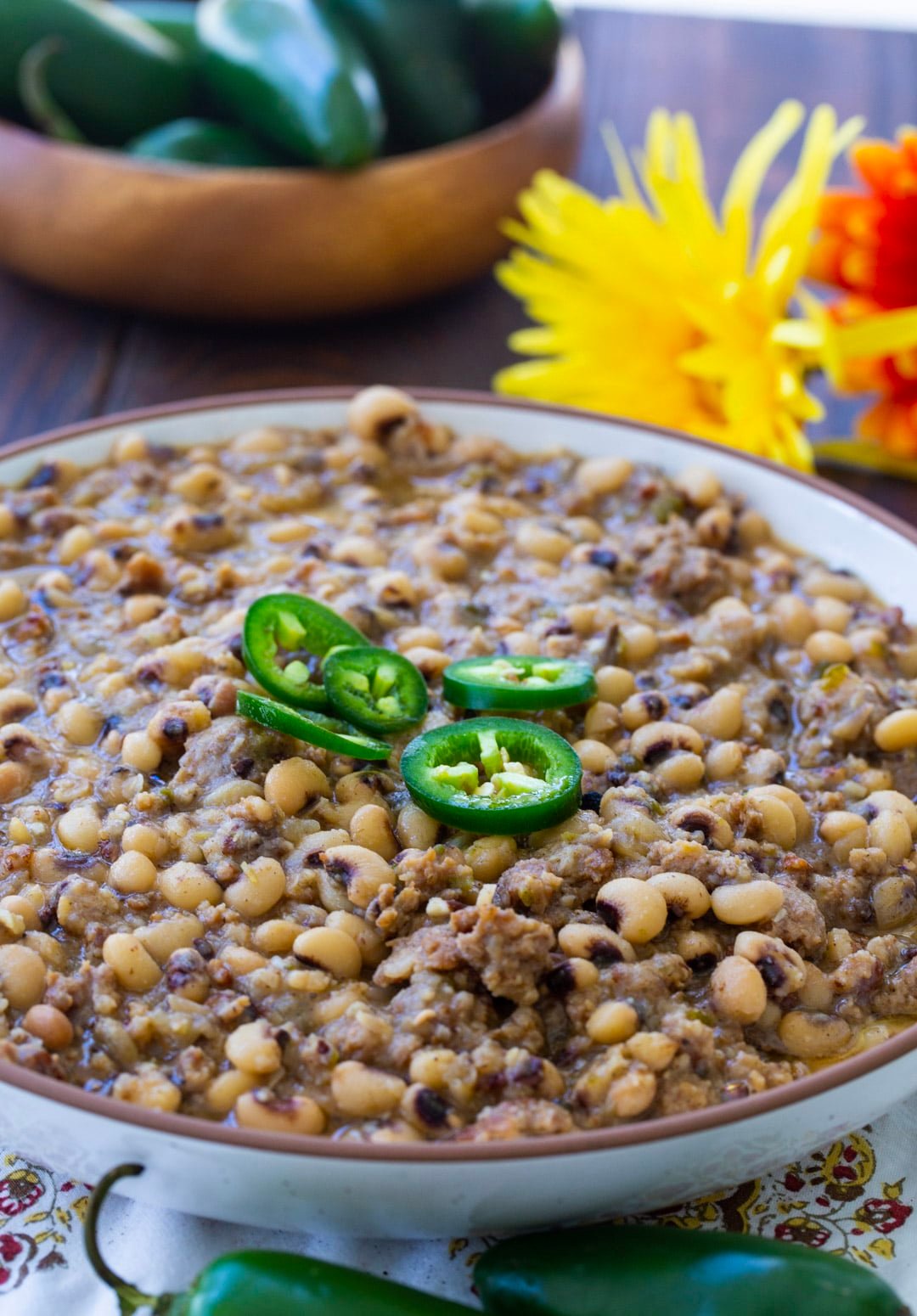 Black-Eyed Peas with Jalapeno in a serving bowl.