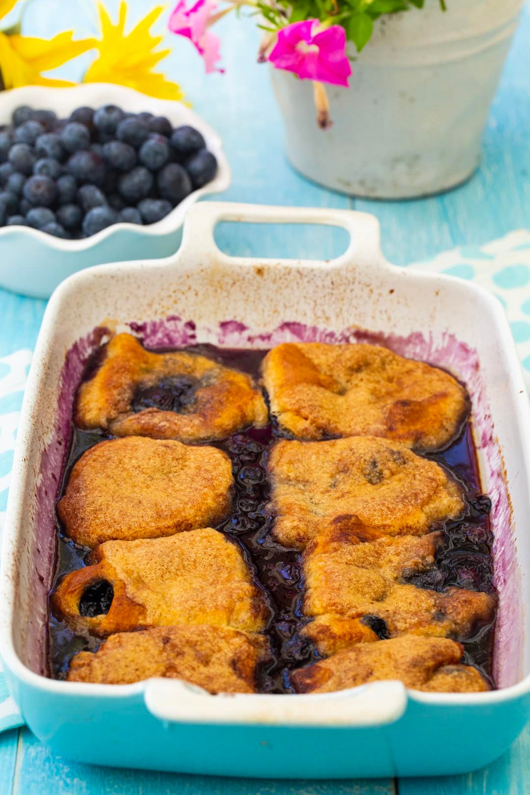 Blueberry Dumplings in baking dish.