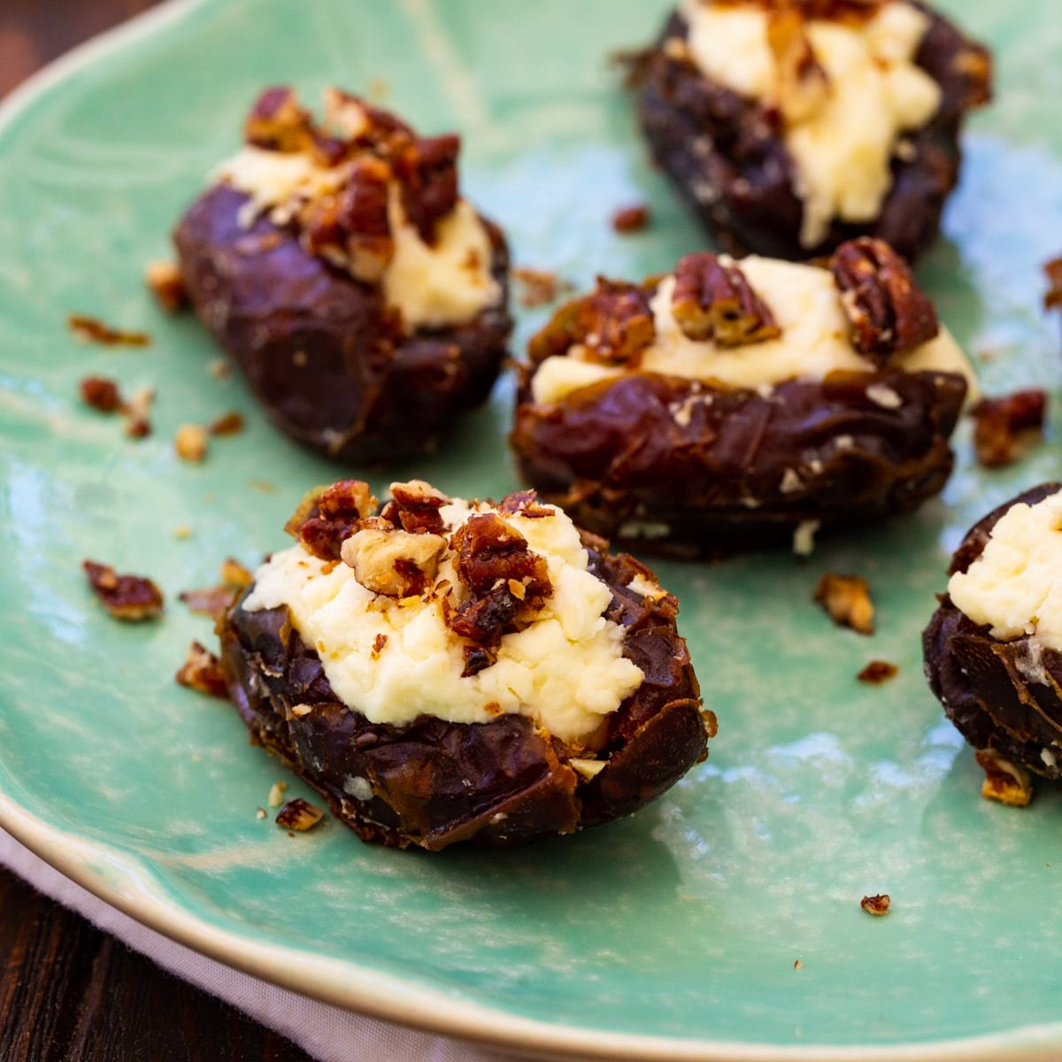Whipped Feta Stuffed Dates on a plate.