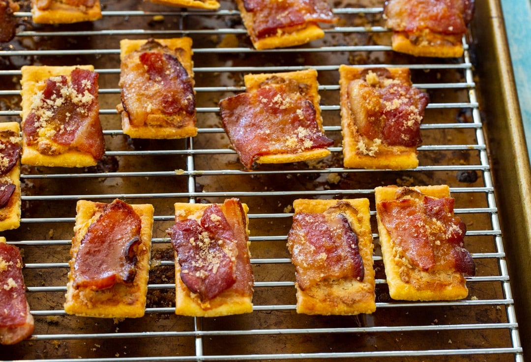 Baked crackers on wire rack.