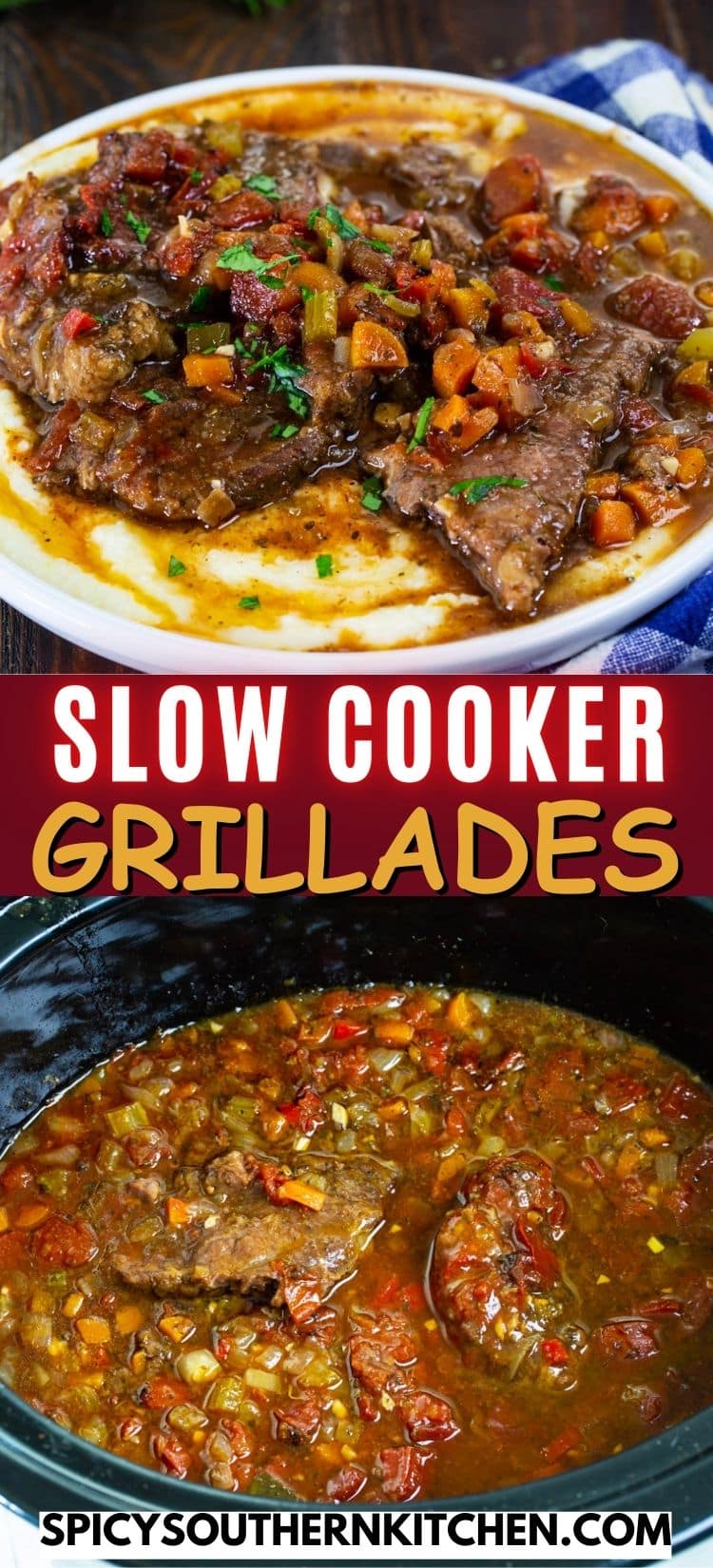 Slow Cooker Grillades dished up on a plate.